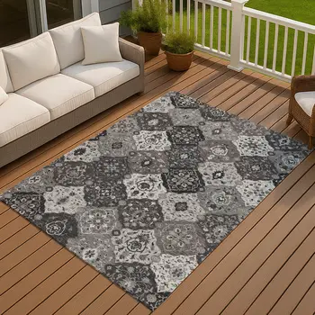 5' X 8' Gray Charcoal And Ivory Floral Medallion Washable Indoor Outdoor Area Rug
