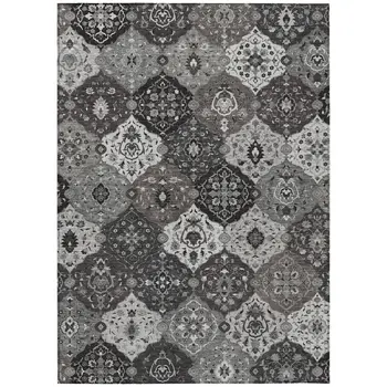 5' X 8' Gray Charcoal And Ivory Floral Medallion Washable Indoor Outdoor Area Rug