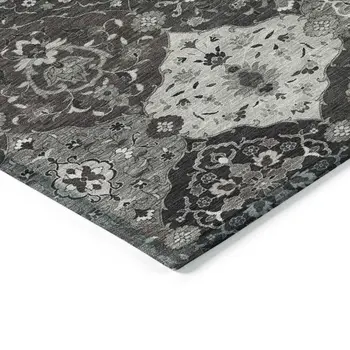 5' X 8' Gray Charcoal And Ivory Floral Medallion Washable Indoor Outdoor Area Rug