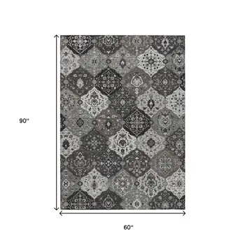 5' X 8' Gray Charcoal And Ivory Floral Medallion Washable Indoor Outdoor Area Rug