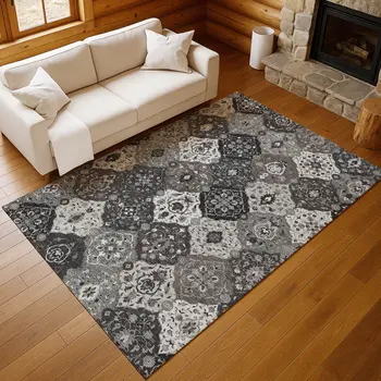 5' X 8' Gray Charcoal And Ivory Floral Medallion Washable Indoor Outdoor Area Rug