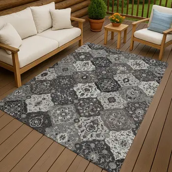 5' X 8' Gray Charcoal And Ivory Floral Medallion Washable Indoor Outdoor Area Rug