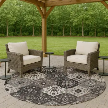 8' Gray Charcoal And Ivory Round Floral Medallion Washable Indoor Outdoor Area Rug