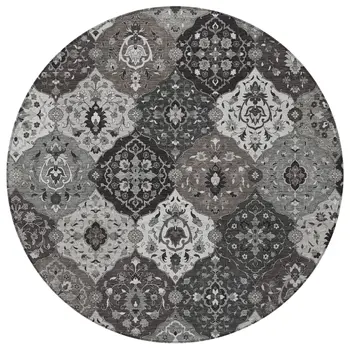 8' Gray Charcoal And Ivory Round Floral Medallion Washable Indoor Outdoor Area Rug