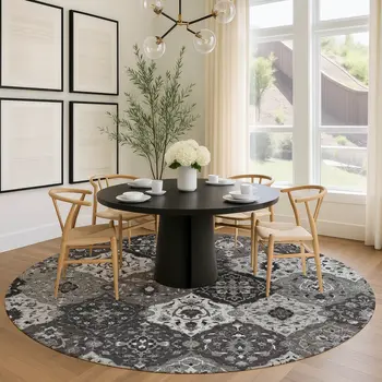 8' Gray Charcoal And Ivory Round Floral Medallion Washable Indoor Outdoor Area Rug