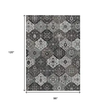 8' X 10' Gray Charcoal And Ivory Floral Medallion Washable Indoor Outdoor Area Rug
