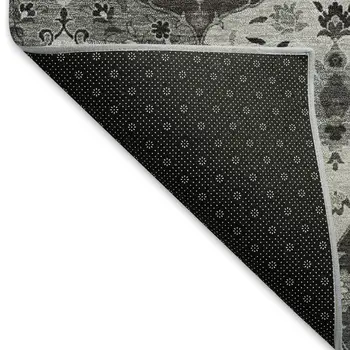 9' X 12' Gray Charcoal And Ivory Floral Medallion Washable Indoor Outdoor Area Rug