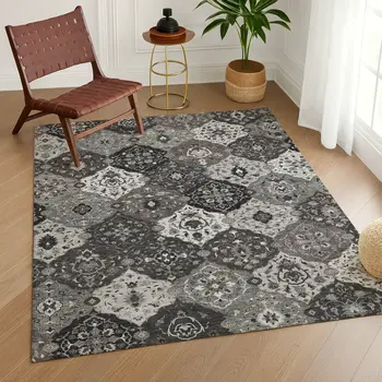 9' X 12' Gray Charcoal And Ivory Floral Medallion Washable Indoor Outdoor Area Rug