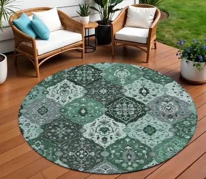 8' Green Ivory And Gray Round Floral Medallion Washable Indoor Outdoor Area Rug