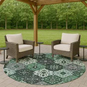 8' Green Ivory And Gray Round Floral Medallion Washable Indoor Outdoor Area Rug