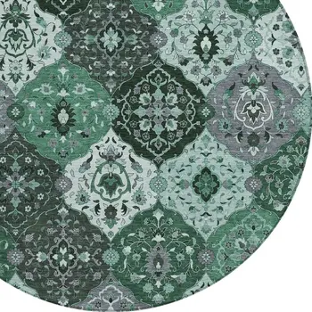 8' Green Ivory And Gray Round Floral Medallion Washable Indoor Outdoor Area Rug