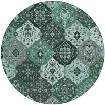 8' Green Ivory And Gray Round Floral Medallion Washable Indoor Outdoor Area Rug