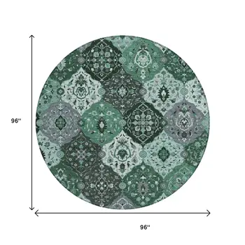 8' Green Ivory And Gray Round Floral Medallion Washable Indoor Outdoor Area Rug