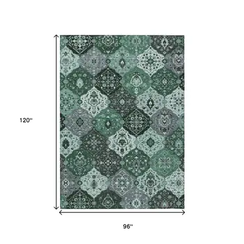 8' X 10' Green Ivory And Gray Floral Medallion Washable Indoor Outdoor Area Rug