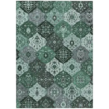 8' X 10' Green Ivory And Gray Floral Medallion Washable Indoor Outdoor Area Rug