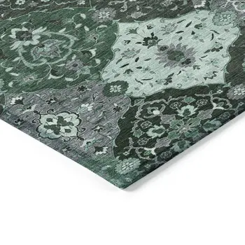 8' X 10' Green Ivory And Gray Floral Medallion Washable Indoor Outdoor Area Rug