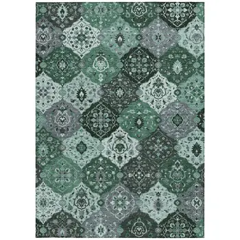 8' X 10' Green Ivory And Gray Floral Medallion Washable Indoor Outdoor Area Rug