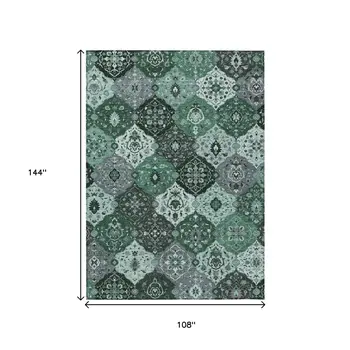 9' X 12' Green Ivory And Gray Floral Medallion Washable Indoor Outdoor Area Rug