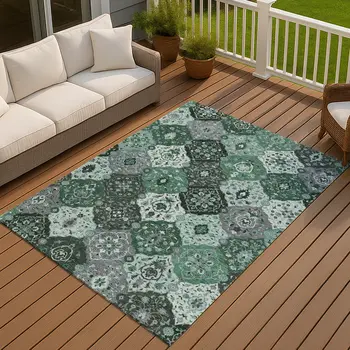 9' X 12' Green Ivory And Gray Floral Medallion Washable Indoor Outdoor Area Rug