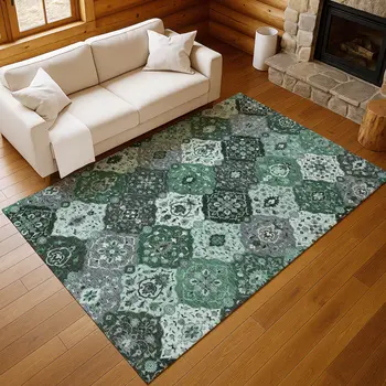 9' X 12' Green Ivory And Gray Floral Medallion Washable Indoor Outdoor Area Rug