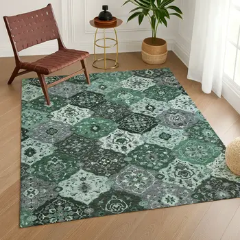 9' X 12' Green Ivory And Gray Floral Medallion Washable Indoor Outdoor Area Rug