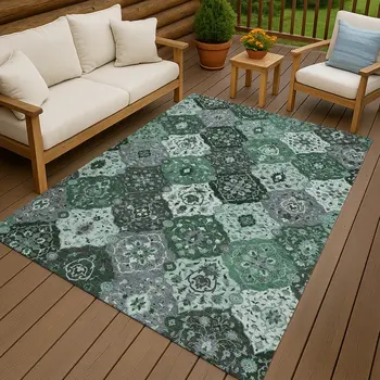 9' X 12' Green Ivory And Gray Floral Medallion Washable Indoor Outdoor Area Rug
