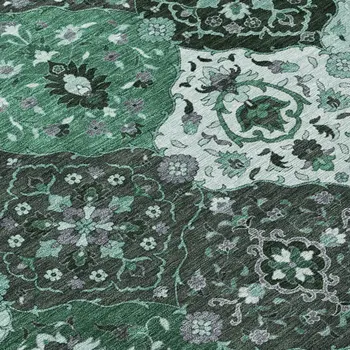 10' X 14' Green Ivory And Gray Floral Medallion Washable Indoor Outdoor Area Rug