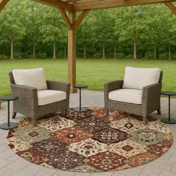 8' Chili Red Beige And Copper Round Floral Medallion Washable Indoor Outdoor Area Rug