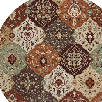 8' Chili Red Beige And Copper Round Floral Medallion Washable Indoor Outdoor Area Rug