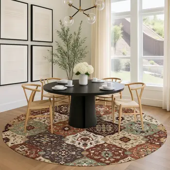 8' Chili Red Beige And Copper Round Floral Medallion Washable Indoor Outdoor Area Rug