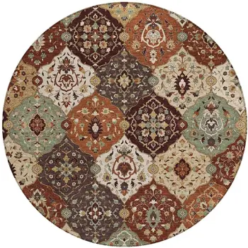 8' Chili Red Beige And Copper Round Floral Medallion Washable Indoor Outdoor Area Rug