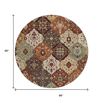 8' Chili Red Beige And Copper Round Floral Medallion Washable Indoor Outdoor Area Rug