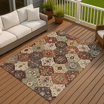 9' X 12' Chili Red Beige And Copper Floral Medallion Washable Indoor Outdoor Area Rug