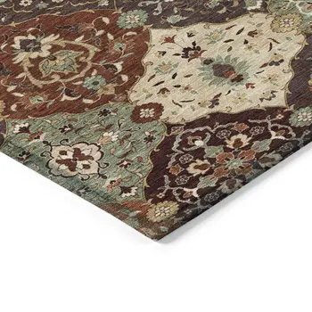 9' X 12' Chili Red Beige And Copper Floral Medallion Washable Indoor Outdoor Area Rug