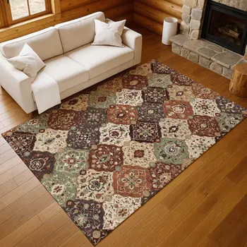 9' X 12' Chili Red Beige And Copper Floral Medallion Washable Indoor Outdoor Area Rug