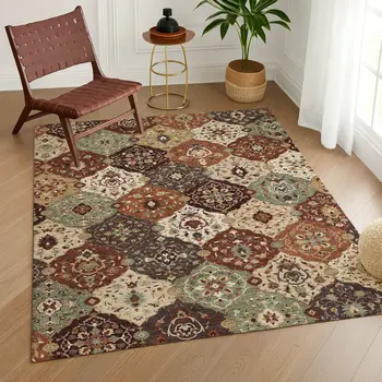 9' X 12' Chili Red Beige And Copper Floral Medallion Washable Indoor Outdoor Area Rug