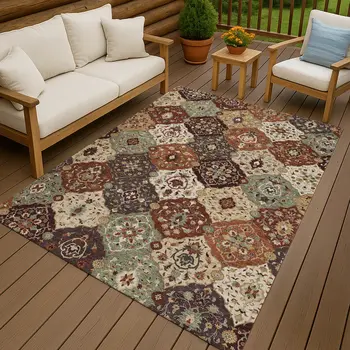9' X 12' Chili Red Beige And Copper Floral Medallion Washable Indoor Outdoor Area Rug
