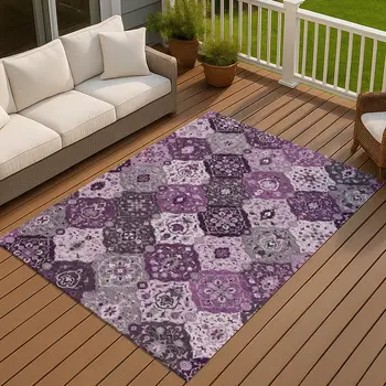 3' X 5' Purple And Ivory Floral Medallion Washable Indoor Outdoor Area Rug