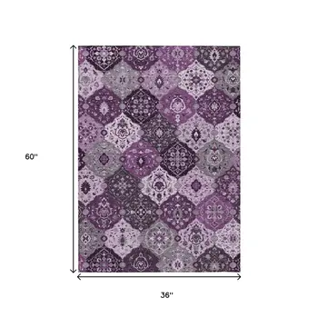 3' X 5' Purple And Ivory Floral Medallion Washable Indoor Outdoor Area Rug