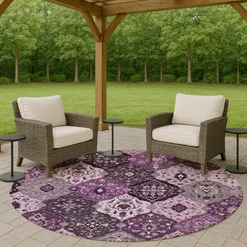 8' Purple And Ivory Round Floral Medallion Washable Indoor Outdoor Area Rug