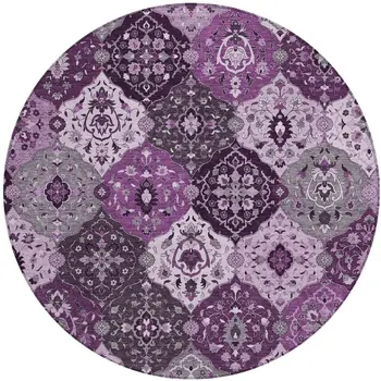 8' Purple And Ivory Round Floral Medallion Washable Indoor Outdoor Area Rug