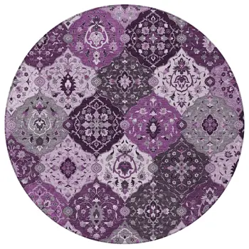 8' Purple And Ivory Round Floral Medallion Washable Indoor Outdoor Area Rug