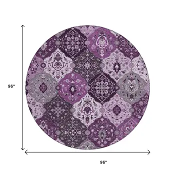 8' Purple And Ivory Round Floral Medallion Washable Indoor Outdoor Area Rug