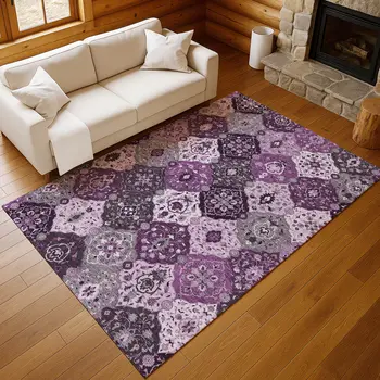 8' X 10' Purple And Ivory Floral Medallion Washable Indoor Outdoor Area Rug