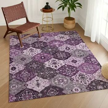 8' X 10' Purple And Ivory Floral Medallion Washable Indoor Outdoor Area Rug