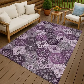 8' X 10' Purple And Ivory Floral Medallion Washable Indoor Outdoor Area Rug