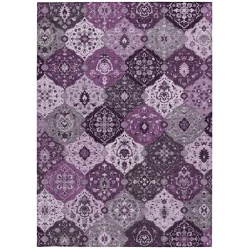 9' X 12' Purple And Ivory Floral Medallion Washable Indoor Outdoor Area Rug
