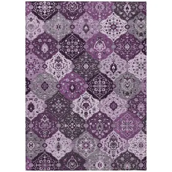 10' X 14' Purple And Ivory Floral Medallion Washable Indoor Outdoor Area Rug