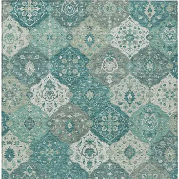 5' X 8' Teal Blue And Ivory Floral Medallion Washable Indoor Outdoor Area Rug