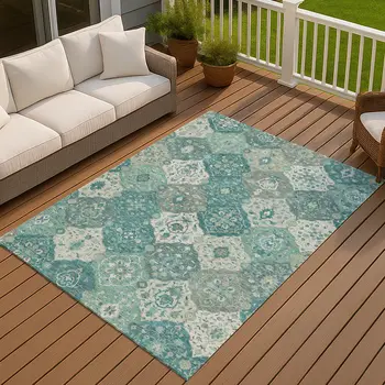 5' X 8' Teal Blue And Ivory Floral Medallion Washable Indoor Outdoor Area Rug